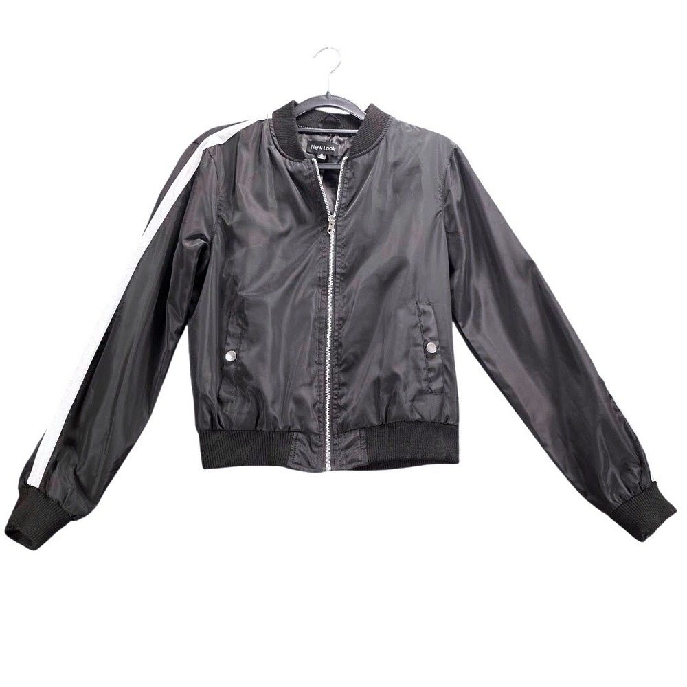 New Look Womens Black Bomber Jacket White Sleeve Stripes Full‎ Zip Size M